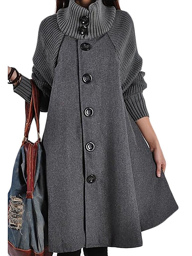  Women's Coat Daily Fall Winter Long Coat Turtleneck Loose Chic & Modern Jacket Long Sleeve Solid Colored Patchwork Gray Black