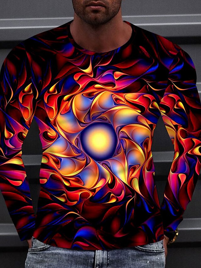  Herre T-Shirts T-shirt Grafisk Cirkel Farverig 3D-udskrivning Rund hals Afslappet Daglig Langærmet 3D-udskrivning Toppe Afslappet Mode Designer Bekvem Rød