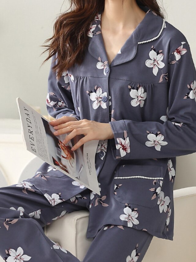  Damen 1 Set Pyjamas Sets Einfach Komfort Süß Blume Polyester Heim Bett V-Wire Ausschnitt Atmungsaktiv Geschenk Hemd Taste Hose Herbst Winter Blau / Schnalle
