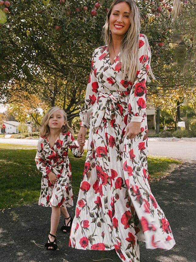  Mommy and Me Dresses Street Floral Lace up Wine Red Midi Long Sleeve Active Matching Outfits / Fall / Casual / Cute / Print