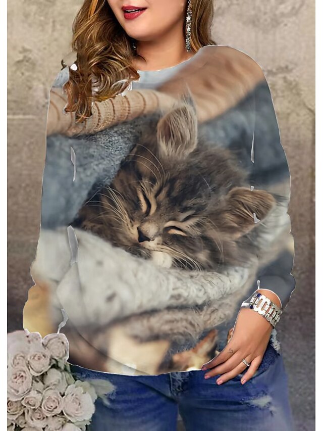  Women's Plus Size Tops Cat Graphic Patterned Pullover Sweatshirt Long Sleeve Print Hoodie Streetwear Crewneck Spandex Daily Fall Winter Brown / 3D Print