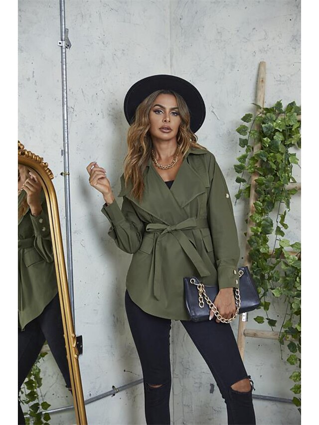  Women's Trench Coat Fall Winter Daily Outdoor Regular Coat Turndown Open Front Windproof Loose Casual Jacket Long Sleeve Pocket Plain Army Green