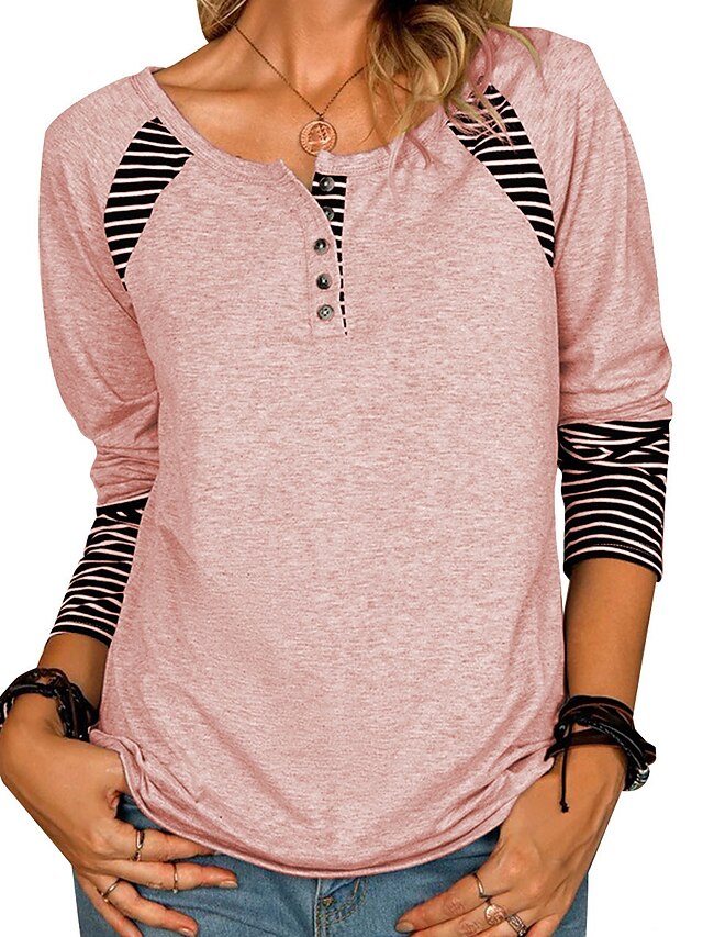  Women's Striped Color Block Daily Going out Long Sleeve Funny Tee Shirt Square Neck Vintage Tops Black Gray Pink S