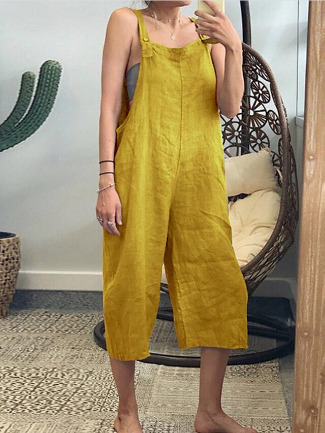  Women's Slacks Overalls Dungarees Faux Linen Plain Baggy Calf-Length Mid Waist Classic Style Going out Black Yellow S M Summer Spring &  Fall