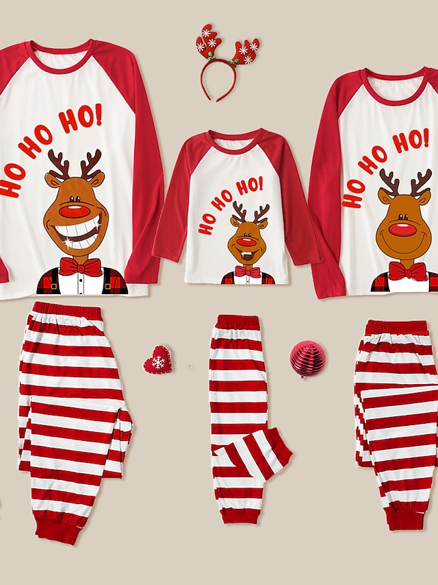  Family Look Pajamas Christmas Gifts Striped Deer Letter Patchwork Red Long Sleeve Daily Matching Outfits / Fall / Winter / Cute / Print
