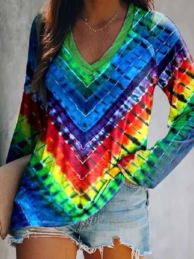  Women's T shirt Tee Rainbow Rainbow Patchwork Print Long Sleeve Casual Sports Holiday Beach V Neck Regular Fit Fall & Winter