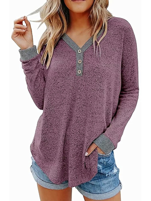  Women's Plain Color Block Daily Going out Weekend Long Sleeve Blouse V Neck Button Elegant Casual Tops Green Gray Fuchsia S