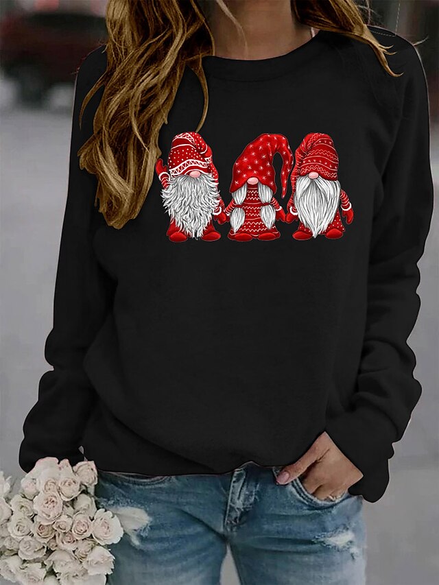  Dame Grafisk Gnome Pullover-sweatshirt Jul Julegaver Daglig Basale Jul Hættetrøjer Sweatshirts Vin Sort Grøn