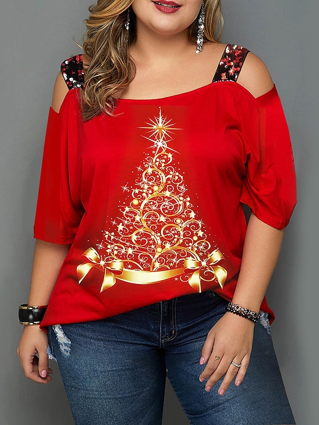  Women's Plus Size Tops Camisole Graphic Half Sleeve Basic Christmas Off Shoulder Cotton Spandex Jersey Christmas Fall Winter Black Red
