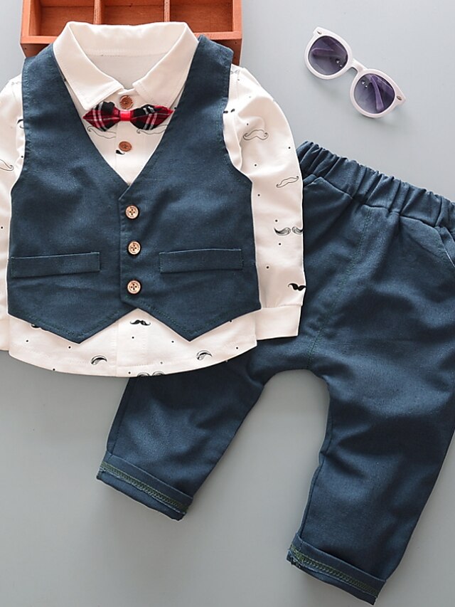  Kinder Jungen Anzug & Blazer Kleidungsset Langarm 3 Stück Blau Rote Schleife Punkt Bedruckt Grafik Outdoor Baumwolle Standard Aktiv Cool 2-8 Jahre / Herbst