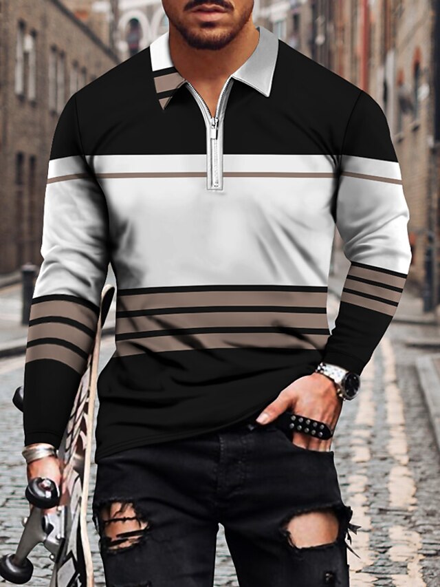  Men's Golf Shirt Collar Geometric Striped White Blue Gray Brown Light Blue 3D Print Long Sleeve Zipper Print Outdoor Casual Tops Fashion Cool Casual Breathable / Winter / Fall / Winter / Sports