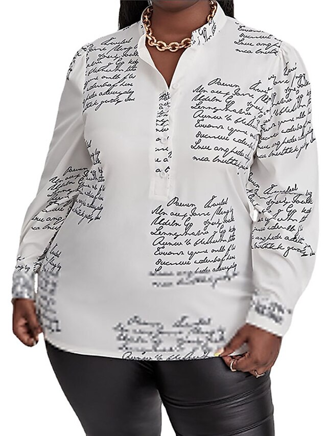  Mulheres Plus Size Blusas Blusa Camisa Social Letra Manga Longa Imprimir Roupa de rua Colarinho Clerical Polyster Diário Final de semana Outono Branco / Tamanho Grande