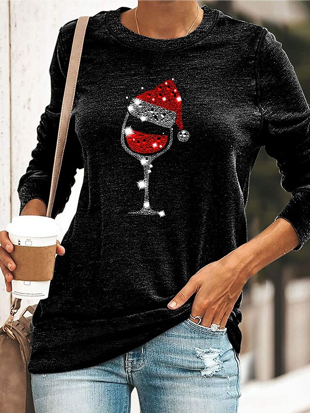  Per donna maglietta Pop art Bicchiere di vino Girocollo Rotonda Stampa Essenziale Natale Top Largo Blu Giallo Verde