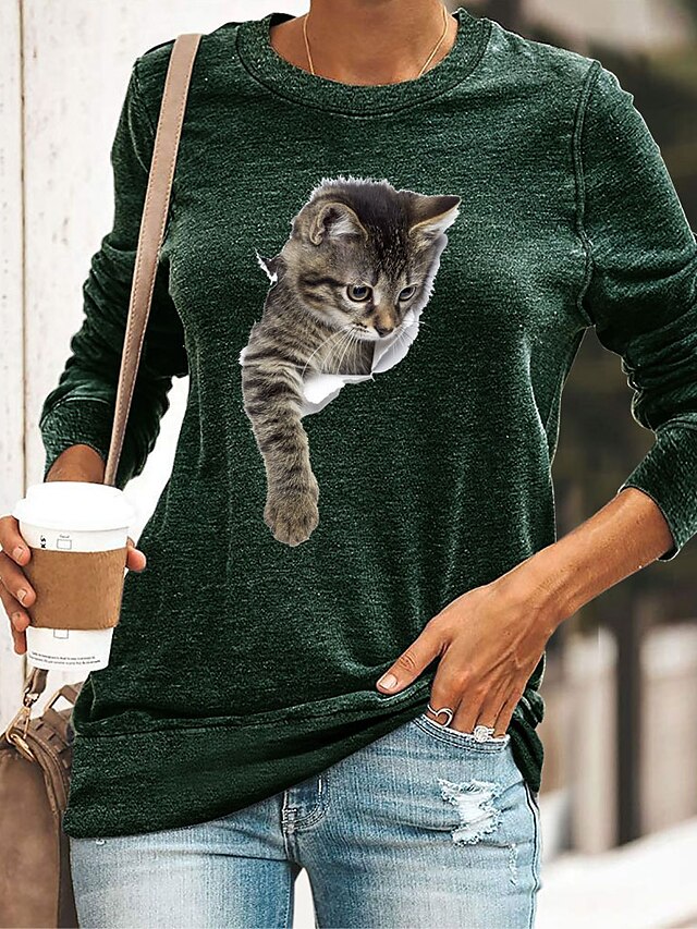  Damen Täglich T Shirt Langarm Graphic Tier Rundhalsausschnitt Basic Oberteile Grün Schwarz Blau S