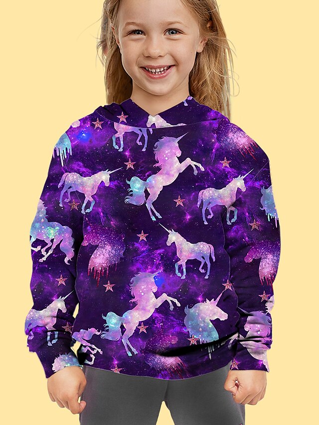  Kids Girls' Hoodie Long Sleeve Purple 3D Print Cartoon Unicorn Animal Daily Outdoor Adorable Cute 2-12 Years / Fall