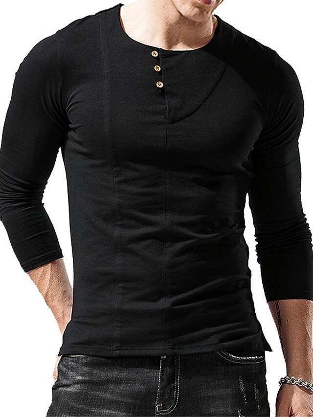  Men's T shirt Tee Solid Color Round Neck Daily Outdoor Long Sleeve Button-Down Tops Simple Fashion Sports Green White Black