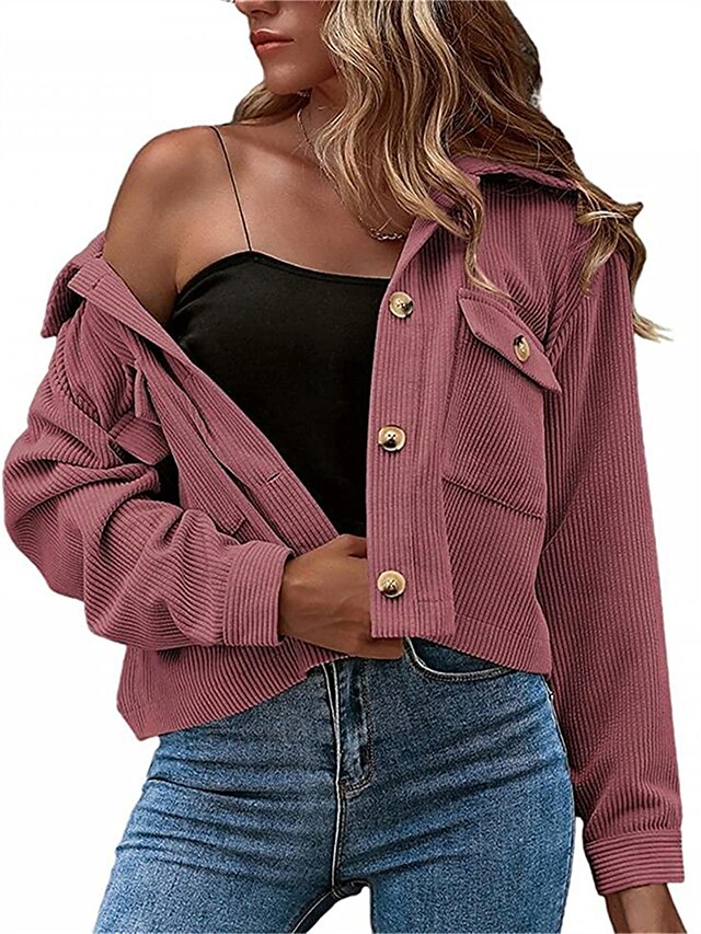  Women's Jacket Fall Daily Short Coat Turndown Single Breasted Thermal Warm Loose Casual Jacket Long Sleeve Pocket Solid Color Blue Purple Black