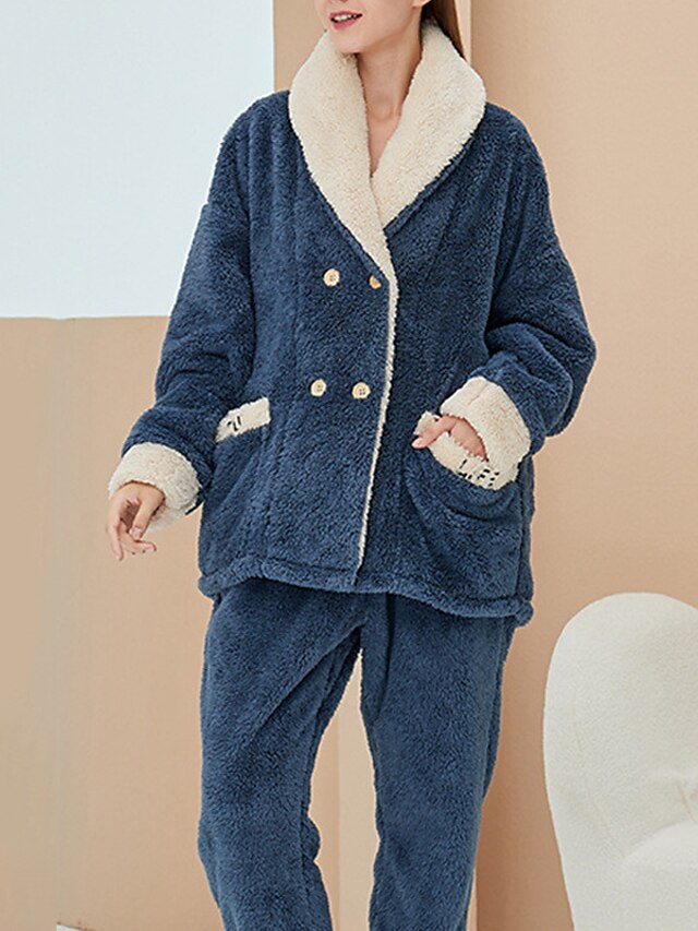  Women's 1 set Pajamas Sets Simple Fashion Comfort Pure Color Flannel Home Street Daily Lapel Warm Gift Hoodie Long Sleeve Basic Elastic Waist Pant Fall Winter Pocket Blue Pink / Buckle / Sport