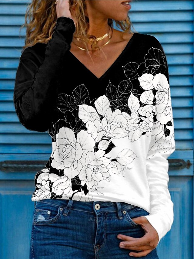  Women's Floral Color Block Holiday Weekend Floral Painting Long Sleeve T shirt Tee V Neck Print Basic Essential Tops Black Blue Pink S / 3D Print