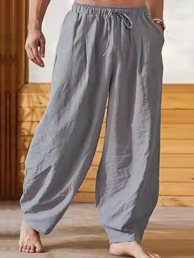  Men's Chinese Style Harlem Pants Elastic Waist Harem Pants Beach Pants Full Length Pants Micro-elastic Casual Daily Solid Color Mid Waist Breathable Soft Loose S M L XL XXL / Drawstring / Elasticity