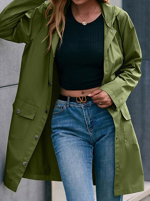  Women's Trench Coat Pocket Casual St. Patrick's Day Daily Coat Long Polyester Green Black Army Green Single Breasted Fall Winter Turndown Regular Fit S M L XL / Waterproof / Rain Waterproof / Warm