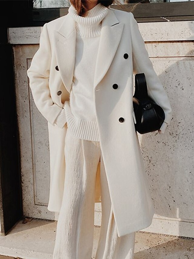 Women's Wool Blend Coat Winter Long Pea Coat Fall Double Breasted Lapel Over Coat Warm Windproof with Pockets Streetwear Casual Jacket Long Sleeve White Khaki