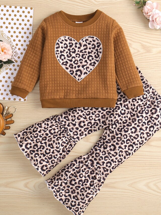  Kids Girls' Clothing Set Long Sleeve 2 Pieces Brown Print Print Heart Leopard Outdoor Cotton Regular Basic Sweet 2-8 Years / Fall / Spring