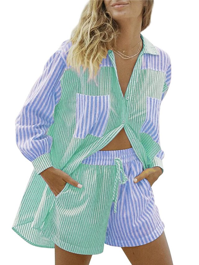  Women's 1 set Loungewear Sets Simple Fashion Comfort Stripe Polyester Home Street Daily Lapel Breathable Gift Shirt Long Sleeve Elastic Waist Button Shorts Fall Spring Green Pink / Buckle / Sport