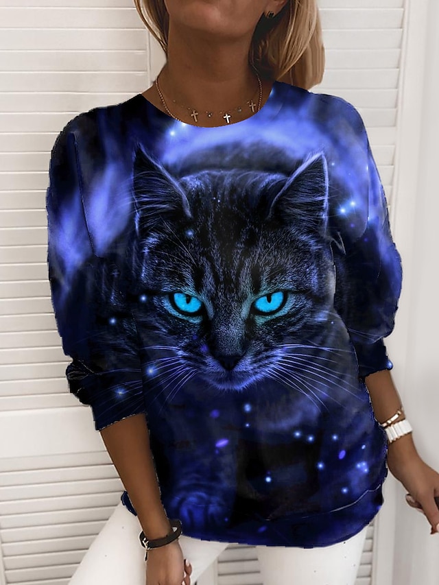  Women's Sweatshirt Pullover Print Active Streetwear Pink Blue Purple Cat 3D Casual Round Neck Long Sleeve Micro-elastic Without Lining Fall & Winter