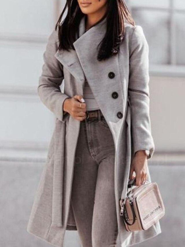  Women's Winter Coat Long Belted Overcoat Single Breasted Lapel Pea Coat Thermal Warm Windproof Trench Coat with Pockets Elegant Outerwear Fall Outerwear Long Sleeve Gray Black Khaki
