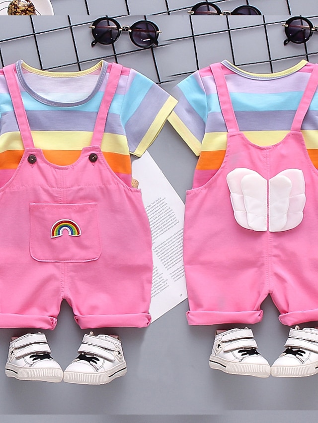  Kids Girls' Clothing Set Short Sleeve 2 Pieces Pink Beige Print Rainbow Street Vacation Regular Active Casual Daily Street Style 1-5 Years / Fall / Winter / Sweet