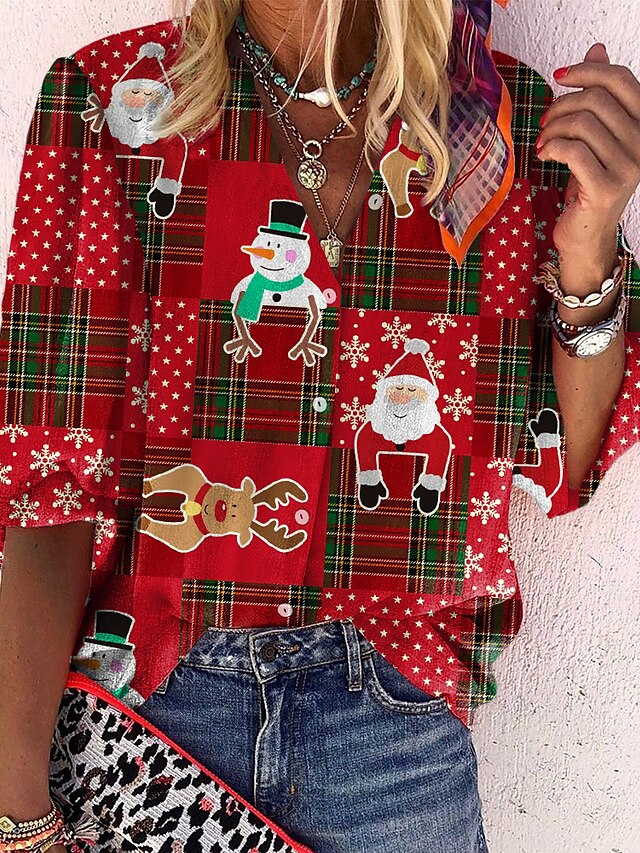  Women's Blouse Shirt Plaid Deer Standing Collar Button Print Streetwear Christmas Tops Red / 3D Print