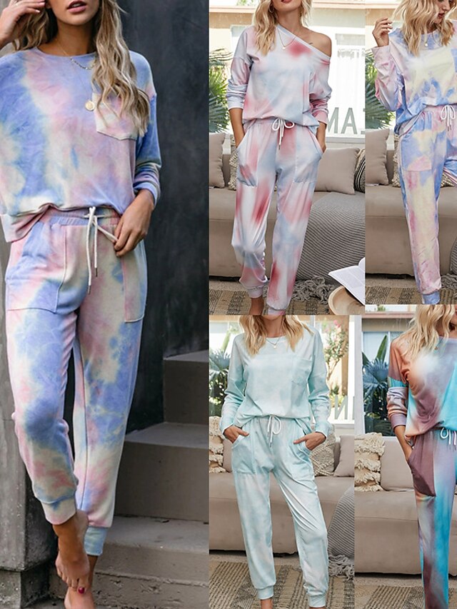  Femme Pantalons Pyjamas Tunique Cordon basique Multicolore Col Rond Printemps & Automne Standard Bleu Violet Rose Claire Vert