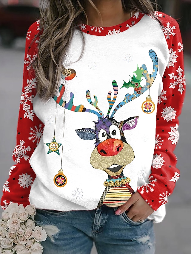  Women's Casual Plaid Elk Snowflake Sweatshirt