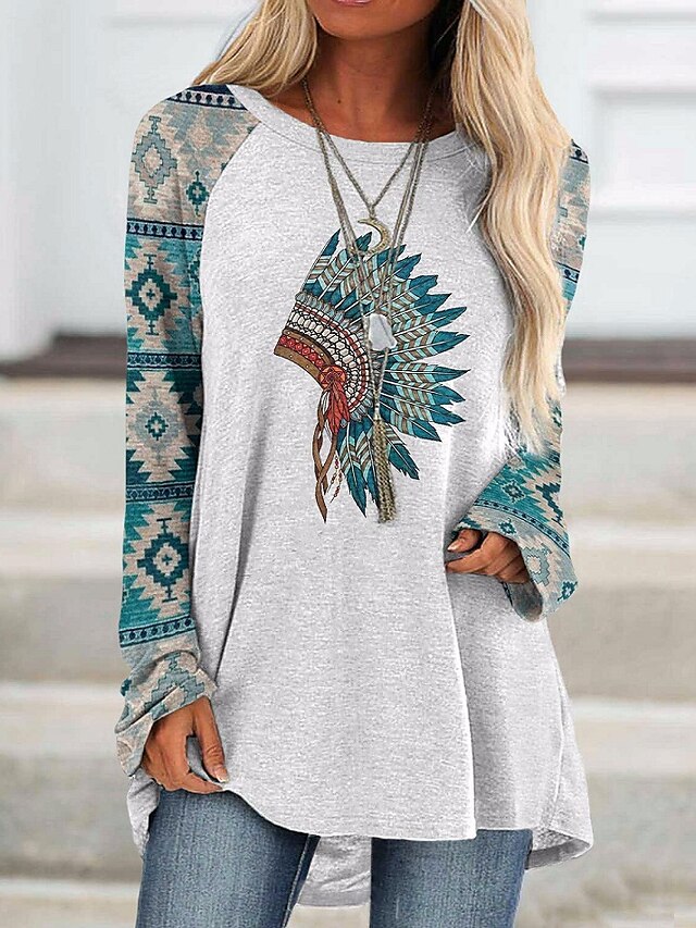  Damen T-Shirt Geometrisch Farbe Stammes Rundhalsausschnitt Patchwork Bedruckt Ethnisch Strand Design Oberteile Grau