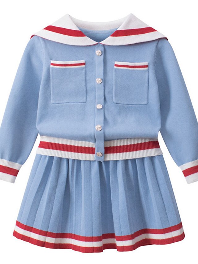  Kids Girls' Shirt & Skirt Clothing Set Long Sleeve 2 Pieces Light Blue Ruched Color Block Stripe Street Vacation Cotton Regular Active Casual Daily Cute 2-8 Years / Fall / Winter