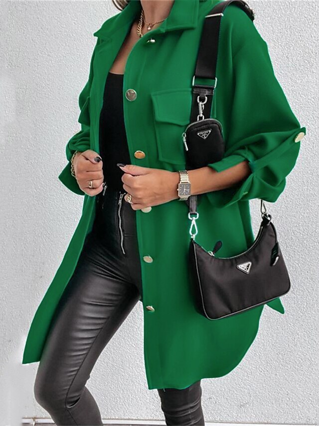  Women's Jacket Casual Jacket Pocket Regular Coat Green Black Khaki Daily Casual Single Breasted Fall Turndown Regular Fit S M L XL XXL / Breathable / Solid Color