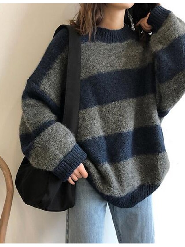  Women's Pullover Sweater Stripes Color Block Knitted Active Casual Long Sleeve Regular Fit Sweater Cardigans Fall Winter Round Neck Red Navy Blue / Holiday