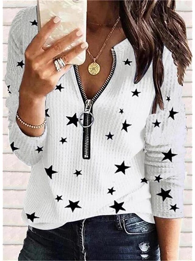  Mulheres Blusa Geométrico Estrela Decote V Zíper Casual Blusas Branco / Impressão 3D