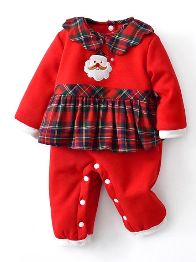  Baby Girls' Christmas Active Casual Jumpsuits & Rompers Cotton Christmas Christmas Gifts Red Print Plaid Color Block Santa Claus Zipper Long Sleeve / Fall / Winter