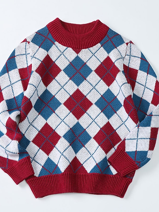  Kids Boys' Sweater Long Sleeve Blue Black Red Patchwork Geometric Indoor Outdoor Cotton Cool Daily 3-10 Years / Fall / Winter