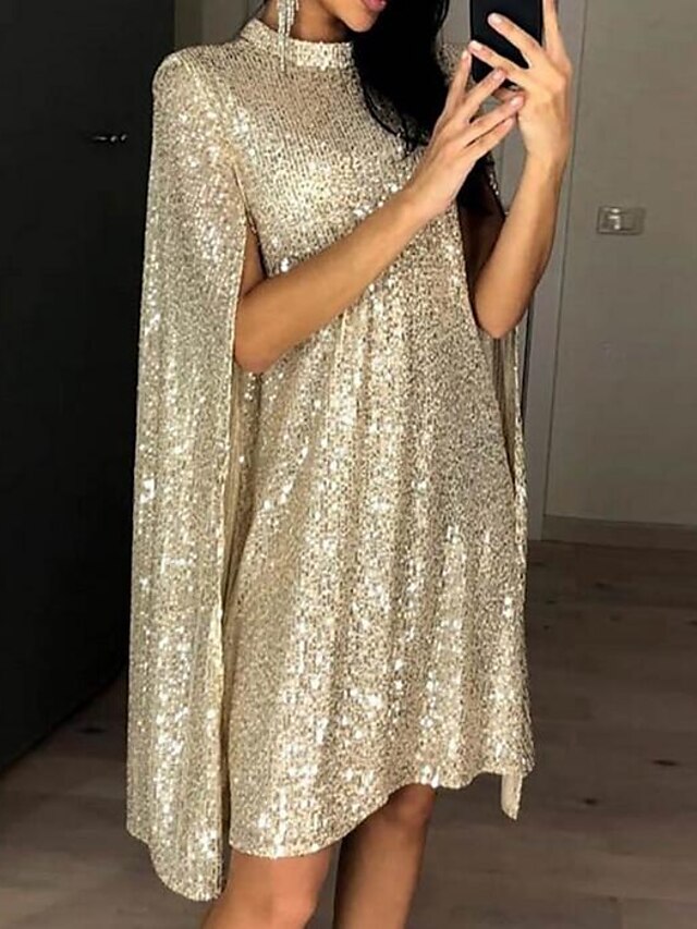  Women's Short Mini Dress Shift Dress Silver Gold Long Sleeve Sequins Patchwork Solid Color Round Neck Spring Summer Party Elegant Sexy Prom Dress 2022 S M L XL XXL