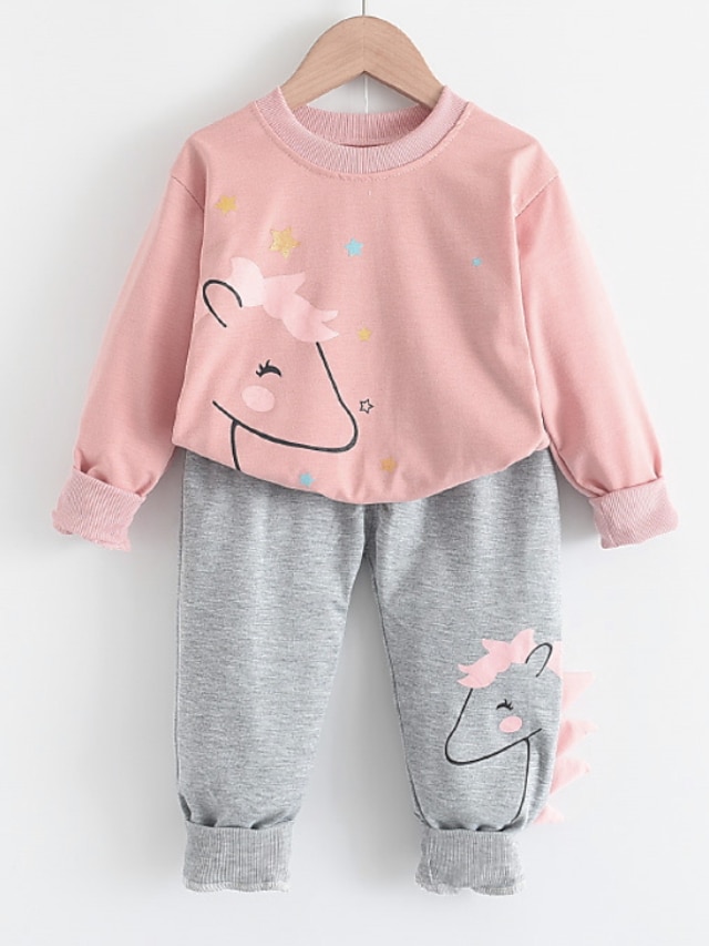  Kids Girls' Clothing Set Long Sleeve 2 Pieces Purple Pink Print Horse Animal Indoor Outdoor Cotton Regular Basic Daily 2-8 Years / Fall / Spring