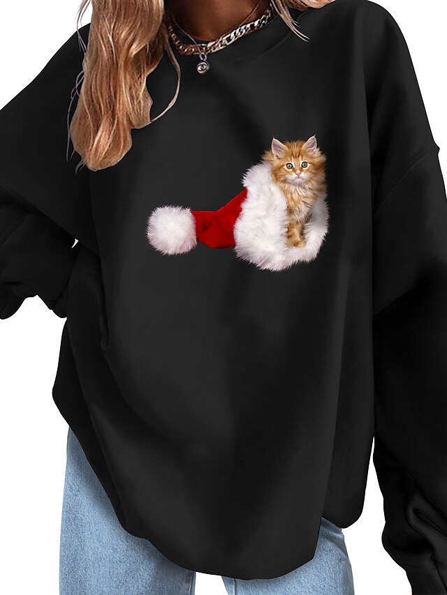  Femme Chat Animal Sweat-shirt Sweat Imprimer Estampage à chaud Noël Cadeau Noël Des sports Vêtement de rue énorme Coton Pulls Capuche Pulls molletonnés Ample Noir Gris