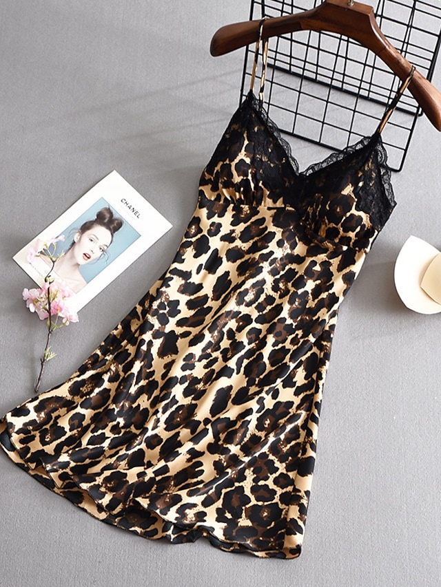  Women's 1 pc Pajamas Nightgown Satin Hot Fashion Leopard Imitated Silk Home Daily Bed V Wire Breathable Gift Sleeveless Print Fall Summer Pink Brown