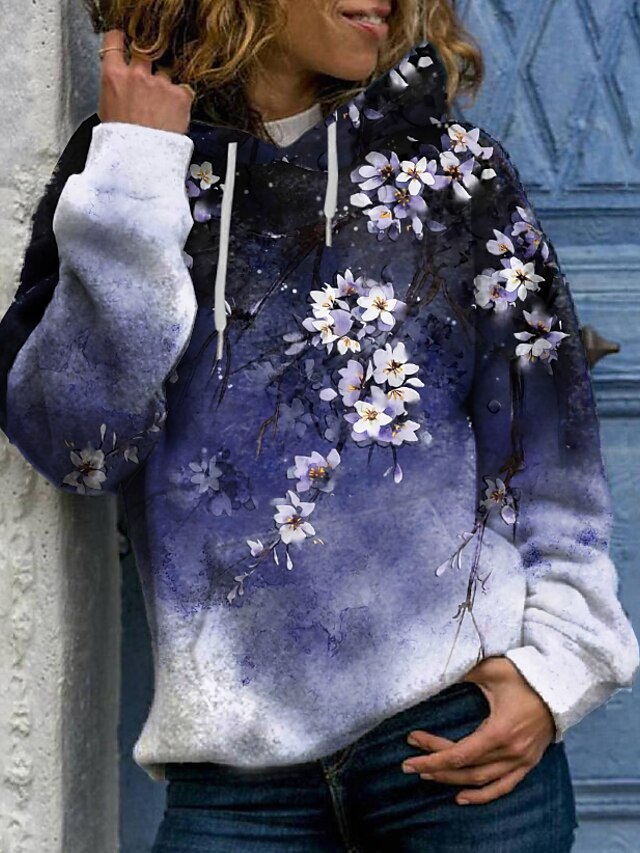  Women's Floral Hoodie Sweatshirt Front Pocket Print 3D Print Casual Sports Streetwear Hoodies Sweatshirts  Blue