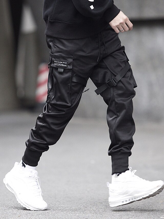  Men's Joggers Cargo Pants Trousers Plain Drawstring Elastic Waist Multi Pocket Cotton Sports & Outdoor Daily Streetwear Casual K7021-black