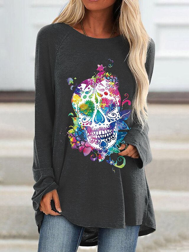  Women's Halloween T shirt Graphic Graphic Prints Long Sleeve Round Neck Tops Halloween Basic Top Black Blue Red