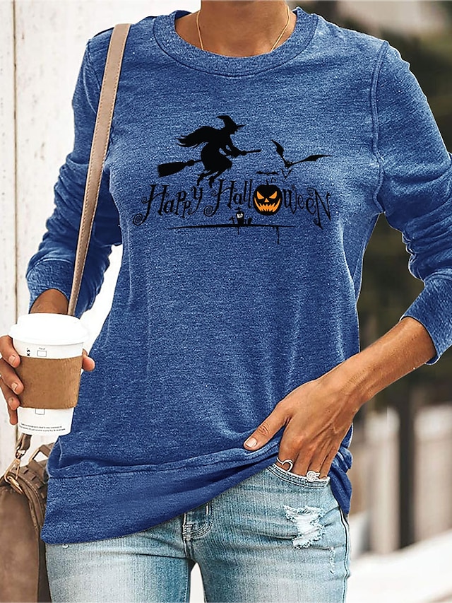  Dame Halloween Weekend T-shirt Maleri Langærmet Tekst Heks Rund hals Trykt mønster Basale Halloween Toppe Grøn Sort Blå S