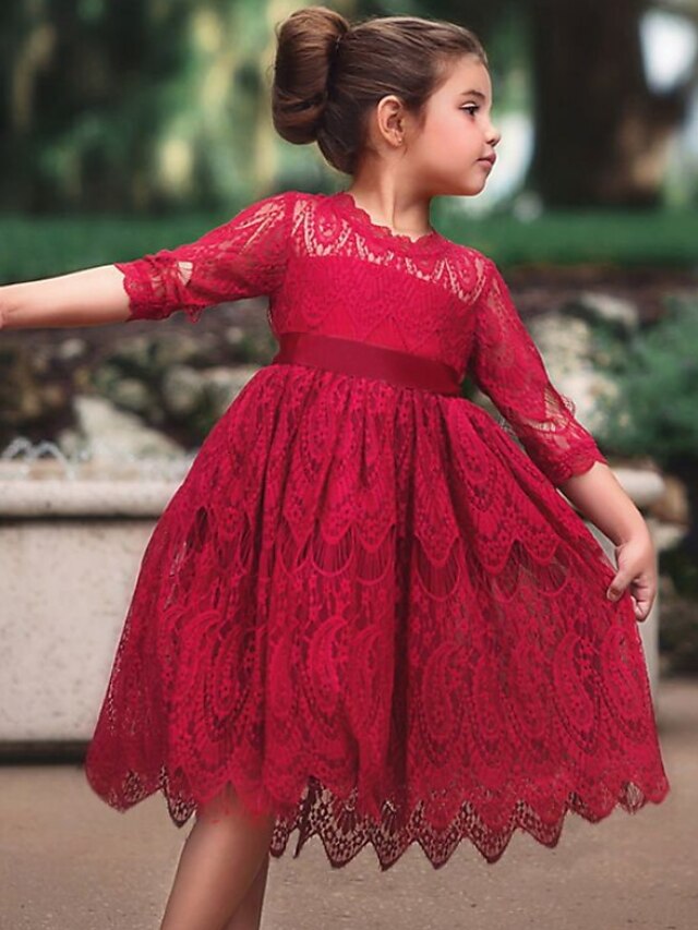  Kids Little Girls' Dress Solid Colored Birthday Pegeant A Line Dress Ruched Mesh Lace Red White Beige Midi 3/4 Length Sleeve Princess Cute Dresses Fall Summer Regular Fit 2-8 Years